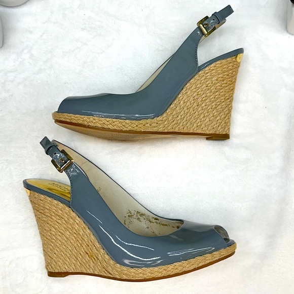 {MICHAEL | Michael Kors} Keegan Slingback Surf Blue Patent Leather Wedge Sandals - Picture 7 of 16